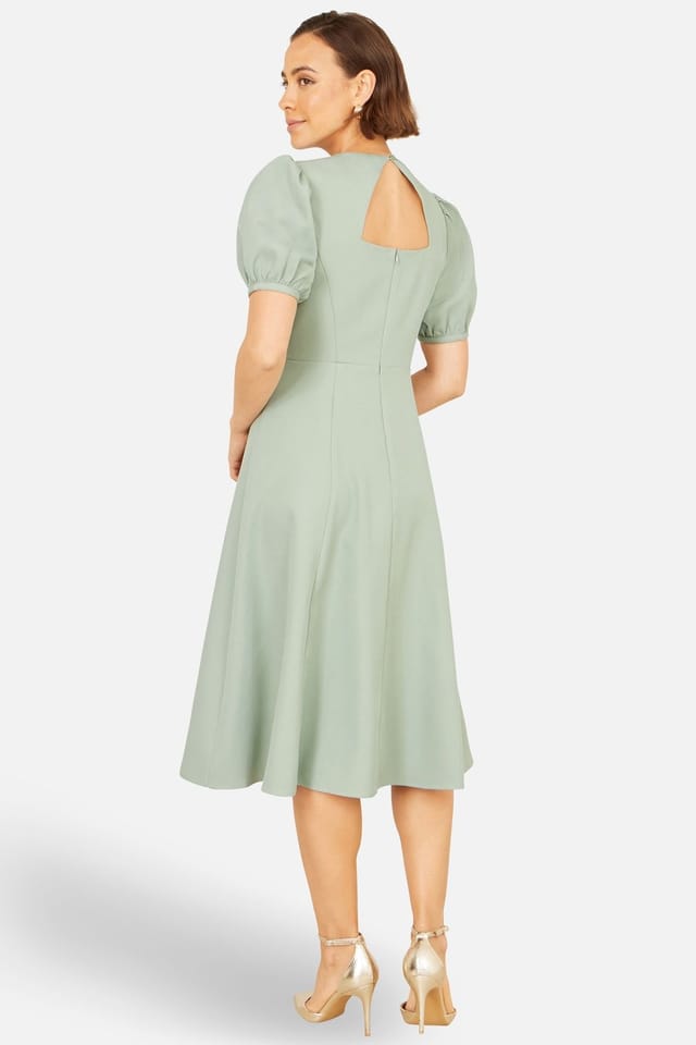 Yumi Yumi Women's Skater Dress With Puff Sleeves & Buckle Detail in Pale Green - 3