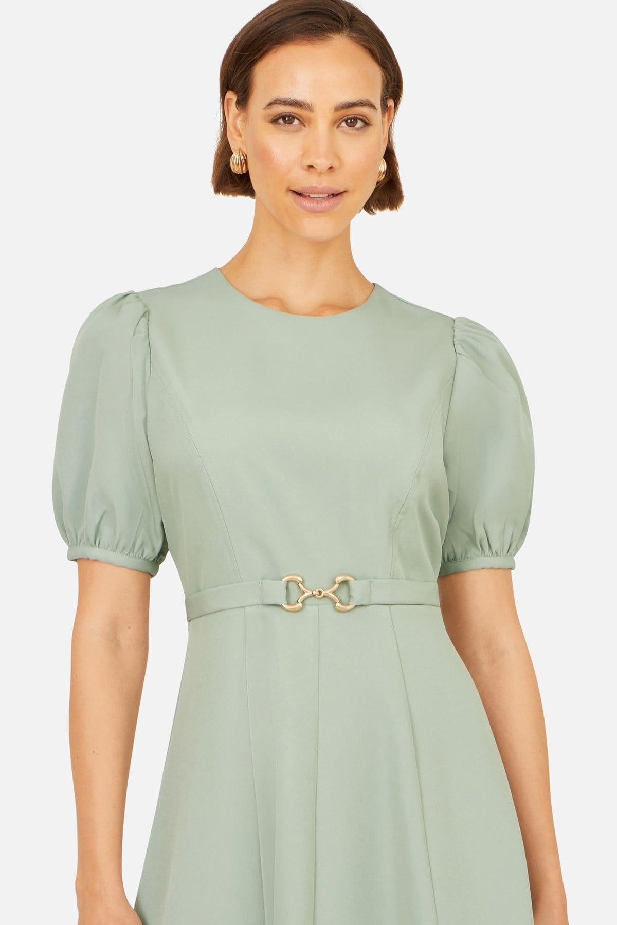 Yumi Yumi Women's Skater Dress With Puff Sleeves & Buckle Detail in Pale Green - 4