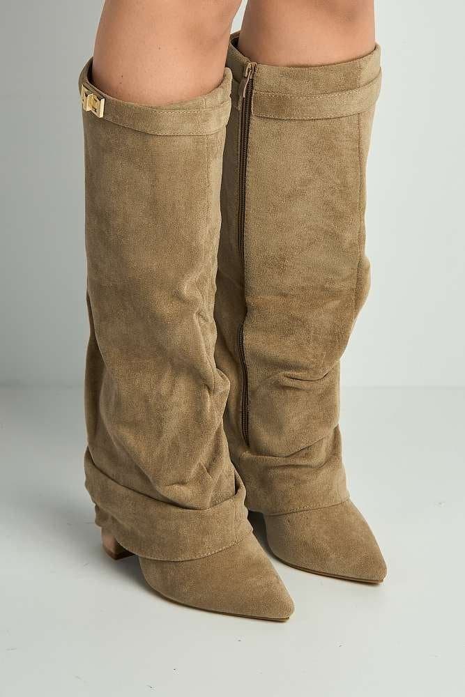 Miss Diva Miss Diva Women's Izel Block Heel Pointy Toe Gold Trim Buckle Ruched Boots in Taupe