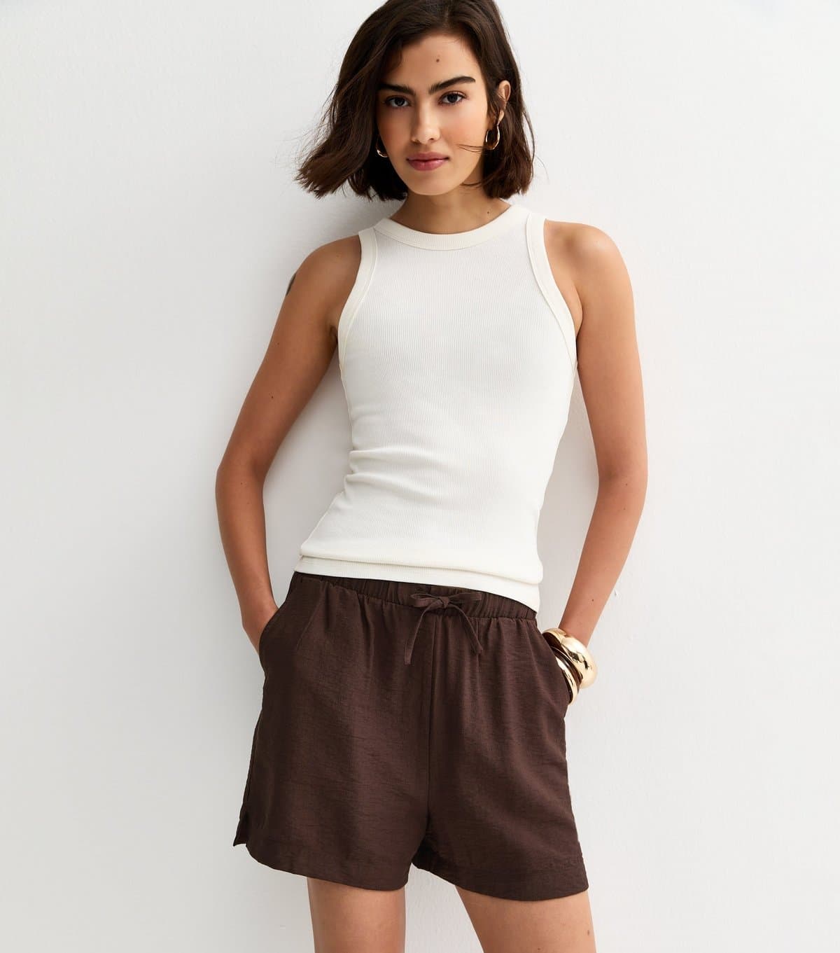 New Look Women's Dark Brown Woven Drawstring Shorts New Look