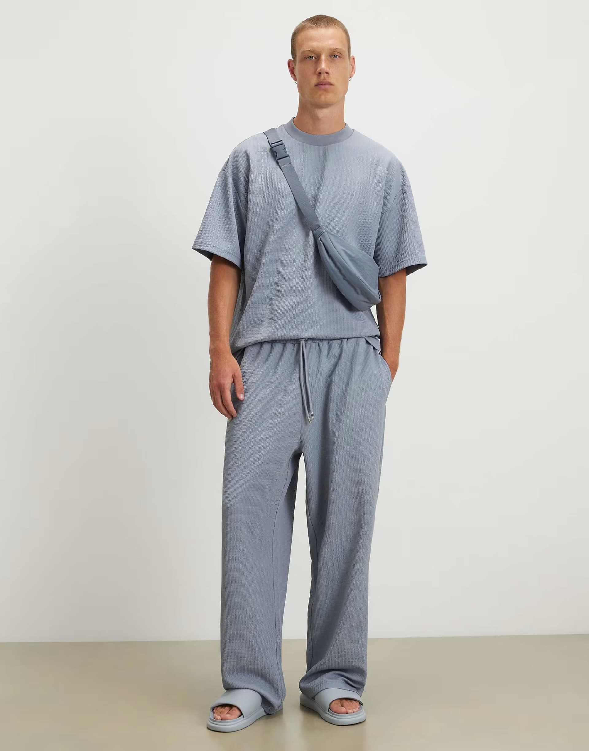 ASOS River Island Waffle textured wide leg joggers in blue
