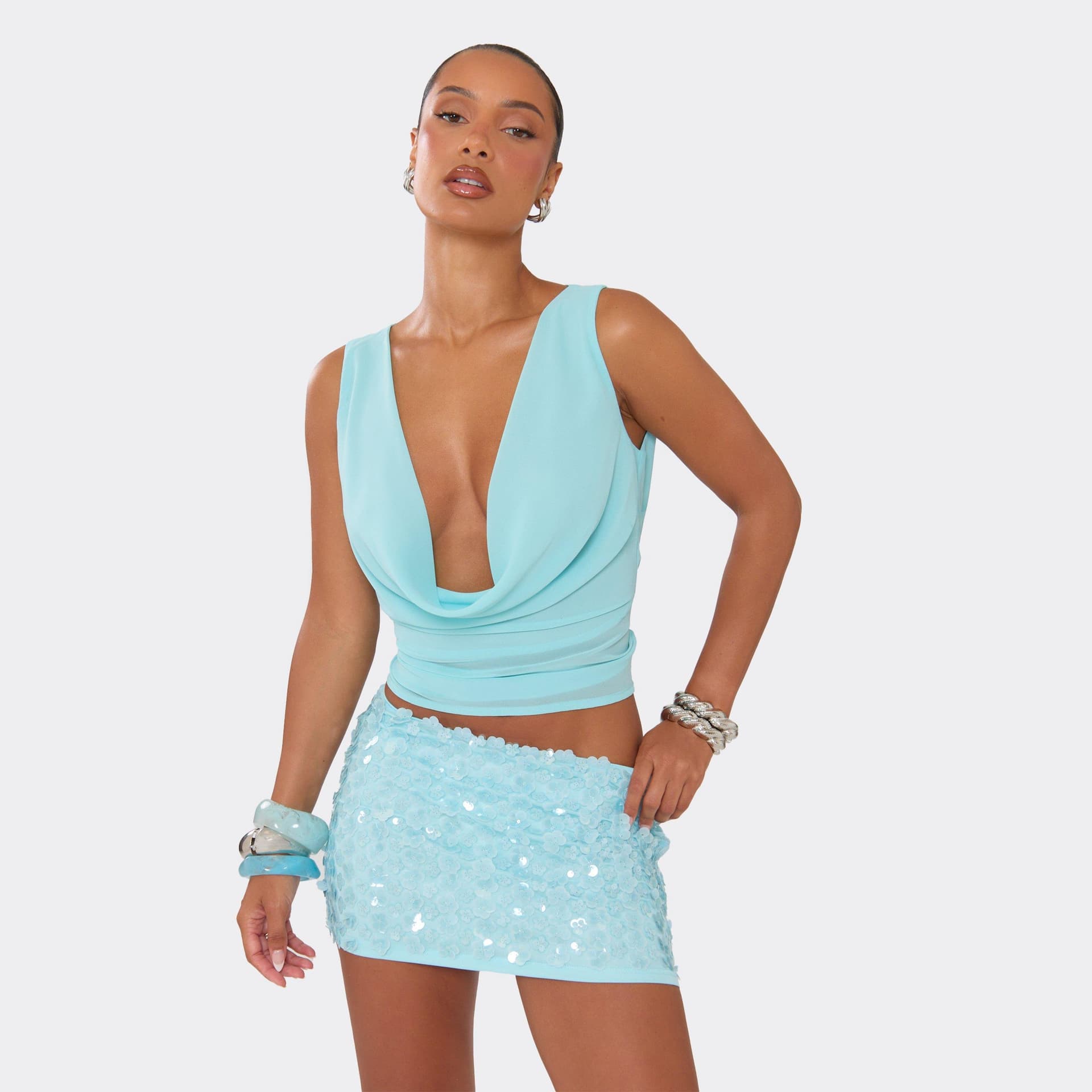 EGO Low Rise Mini Skirt In Blue Flower Sequin, Women's Size UK 4
