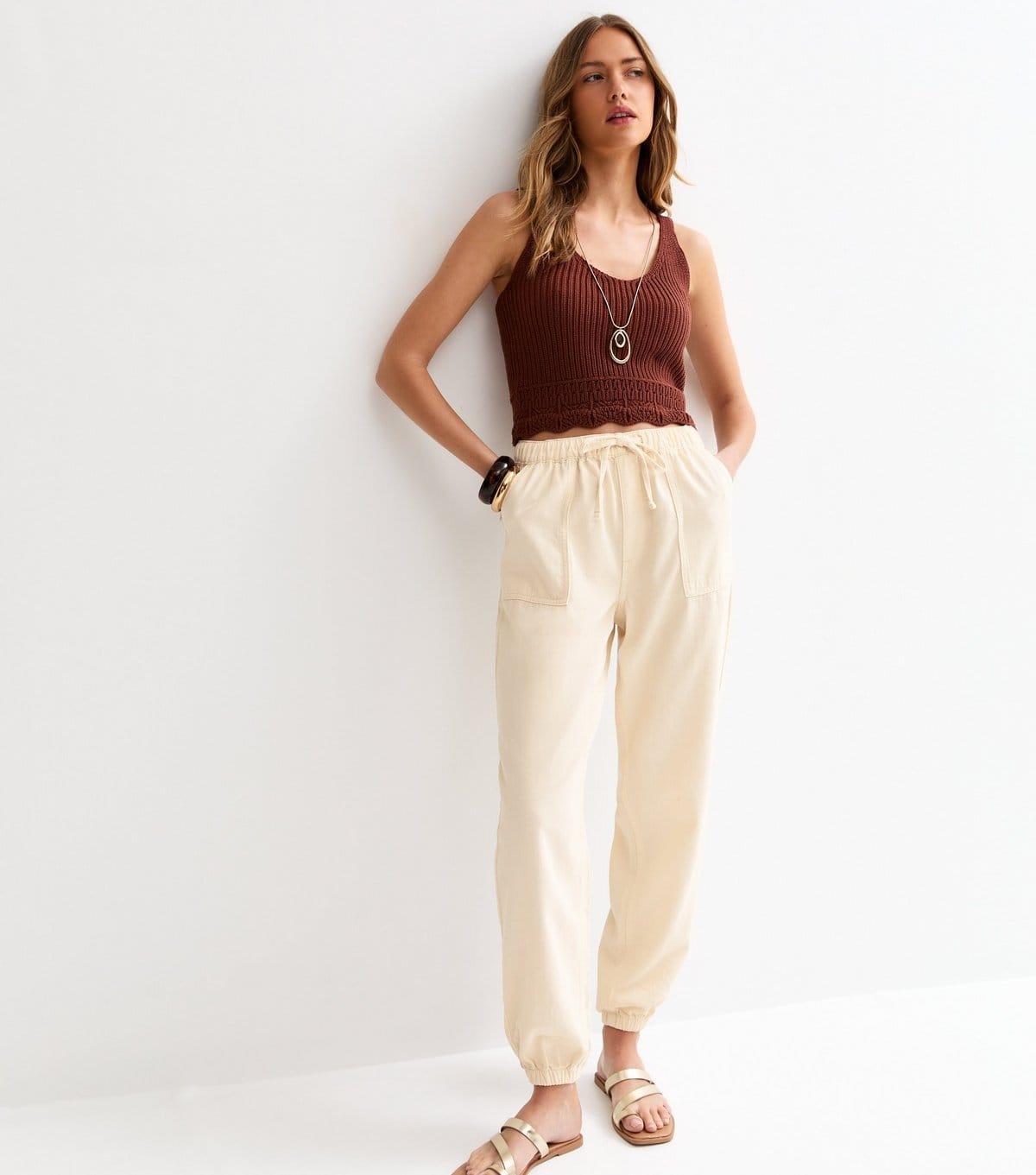 New Look Off White Cotton Tapered Cargo Trousers