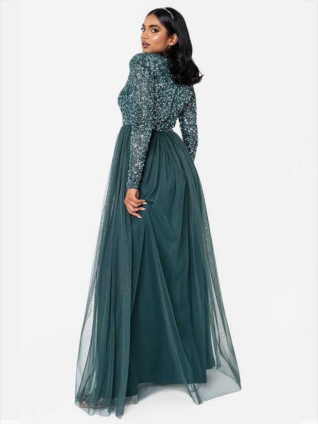 Maya Deluxe Maya Deluxe Women's V Neck Embellished Long Sleeve Maxi Dress in Emerald - 2