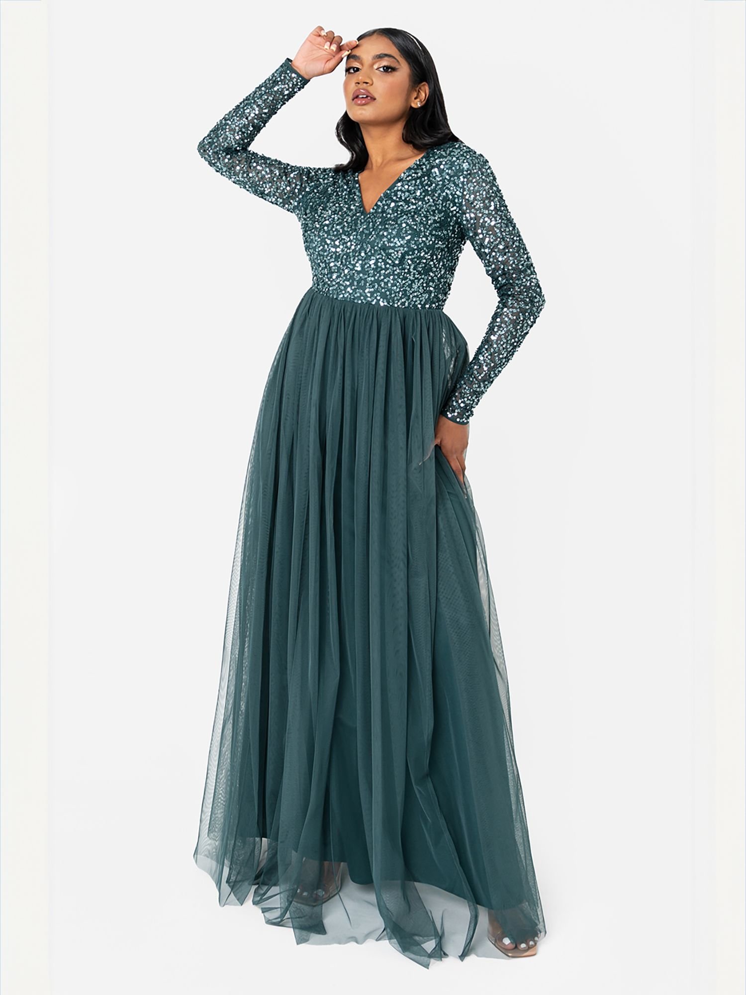 Maya Deluxe Maya Deluxe Women's V Neck Embellished Long Sleeve Maxi Dress in Emerald - 3