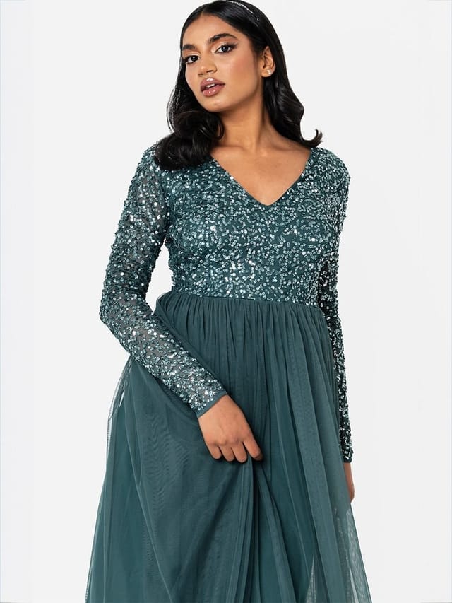 Maya Deluxe Maya Deluxe Women's V Neck Embellished Long Sleeve Maxi Dress in Emerald - 3