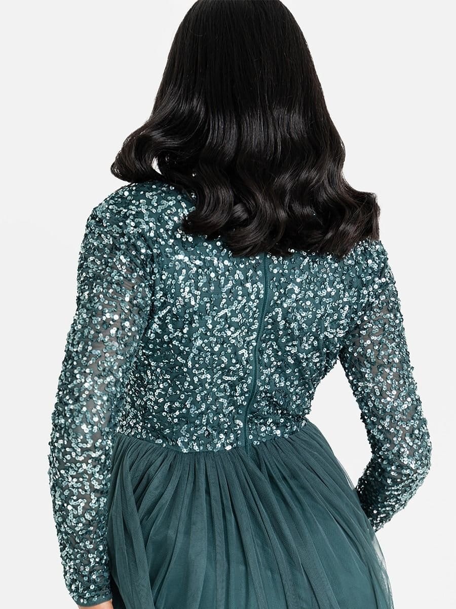 Maya Deluxe Maya Deluxe Women's V Neck Embellished Long Sleeve Maxi Dress in Emerald - 4