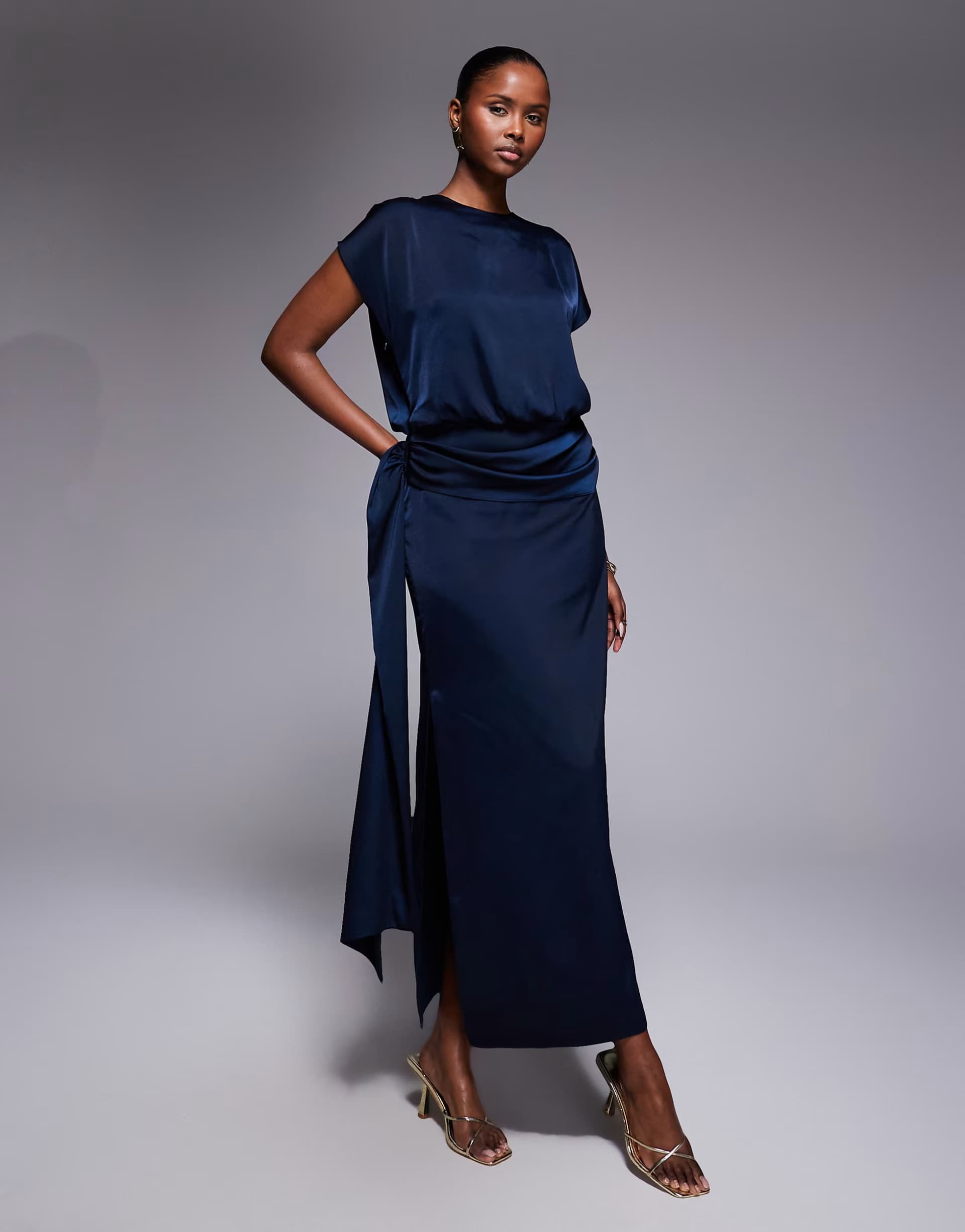 ASOS ASOS DESIGN satin flutter sleeve draped waist maxi dress in navy
