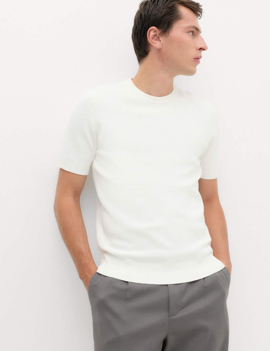Marks & Spencer M&S Cotton Rich Textured Knitted T-Shirt Ecru