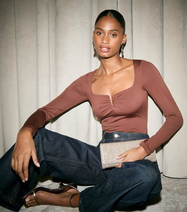 New Look Women's Dark Brown Jersey Notch Neck Long Sleeve Bodysuit New Look - 3