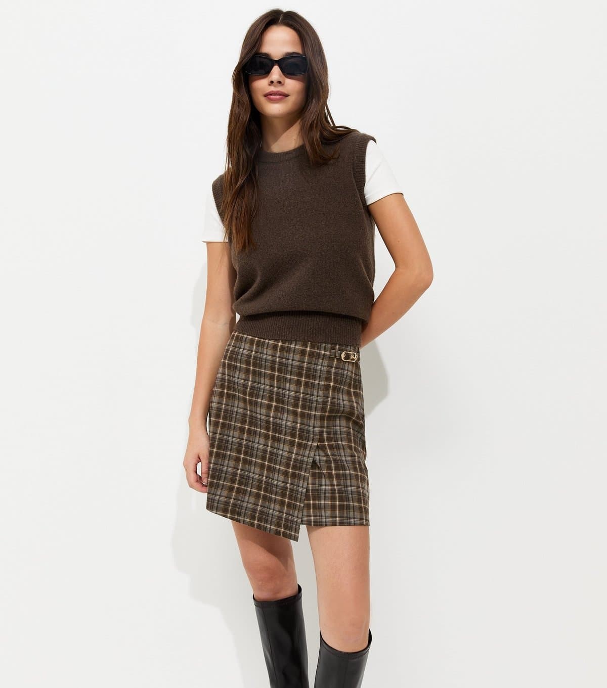New Look Women's Brown Check Wrap Mini Skort New Look