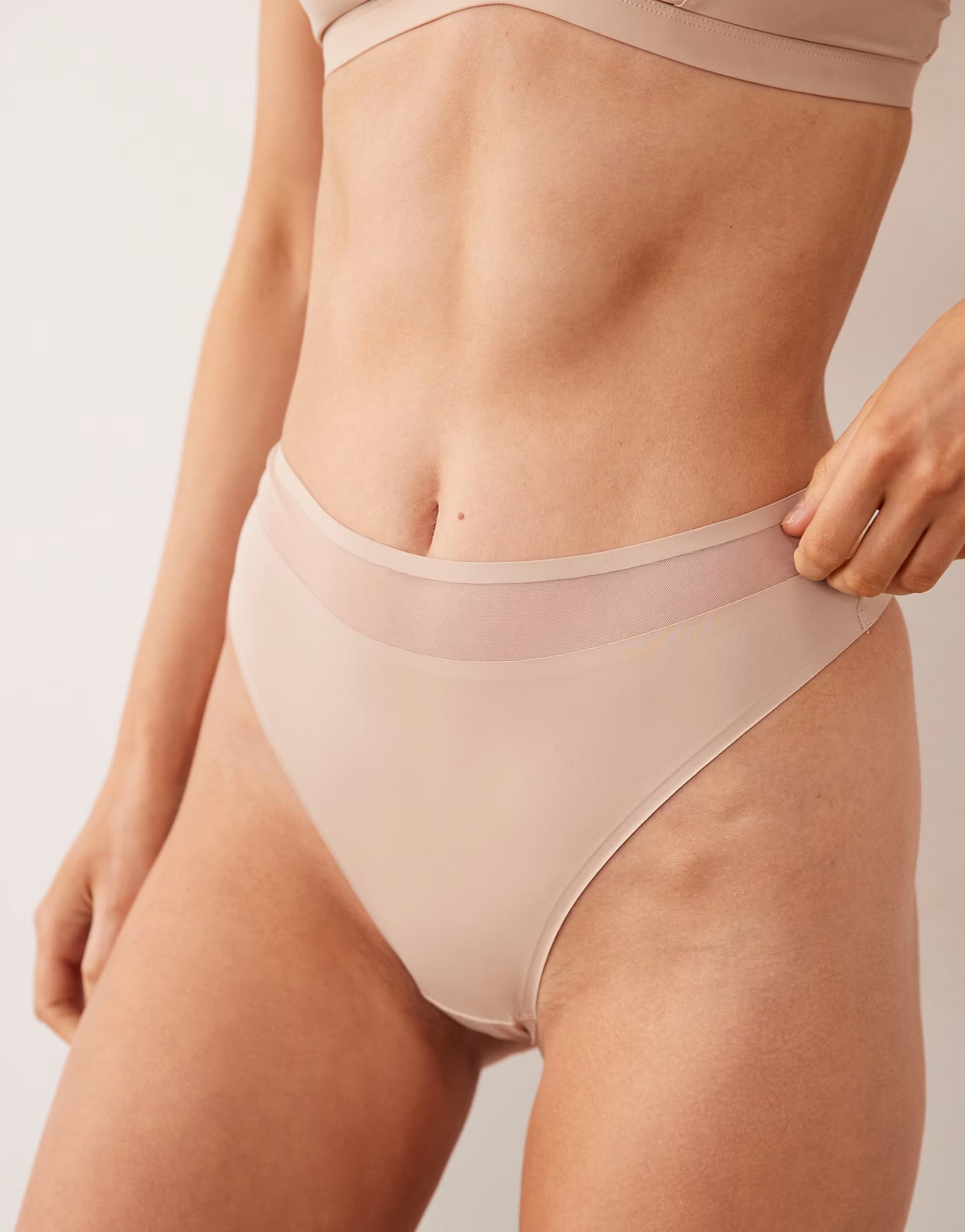 ASOS ASOS DESIGN Ella microfibre high leg high waist thong with mesh detail in beige
