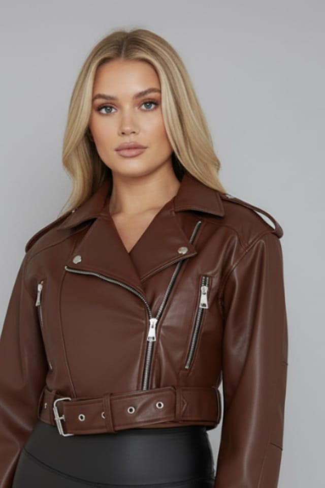 STYLEWISE STYLEWISE Women's Faux Leather Belted - Cropped Fit - Biker Jacket in Chocolate - 2