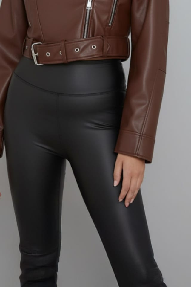 STYLEWISE STYLEWISE Women's Faux Leather Belted - Cropped Fit - Biker Jacket in Chocolate - 3