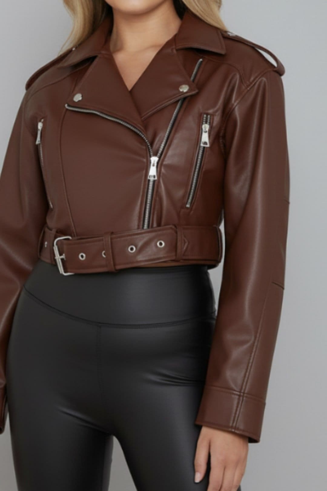 STYLEWISE STYLEWISE Women's Faux Leather Belted - Cropped Fit - Biker Jacket in Chocolate - 4