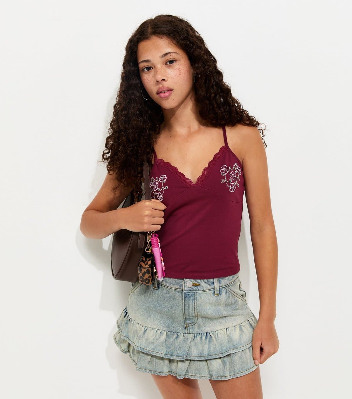 New Look Girls' Dark Burgundy Beaded Fitted Cami Top New Look