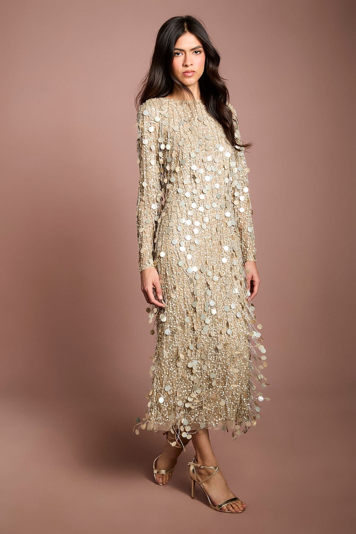 Coast Coast Women's Muse Sequin Long Sleeve Midi Dress in Champagne