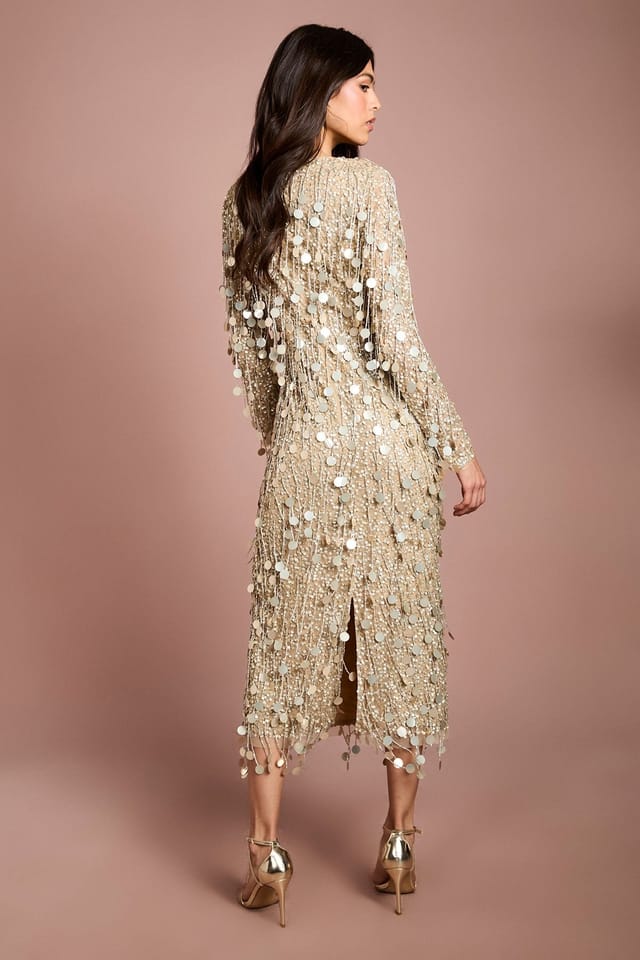 Coast Coast Women's Muse Sequin Long Sleeve Midi Dress in Champagne - 3