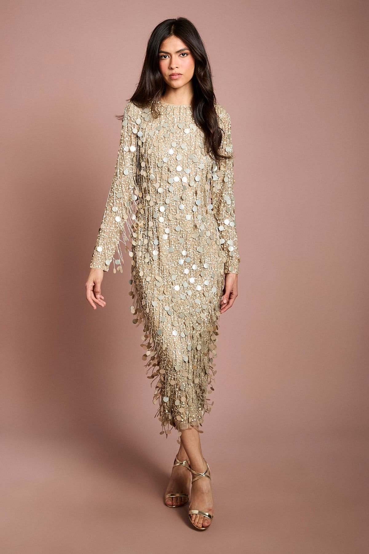 Coast Coast Women's Muse Sequin Long Sleeve Midi Dress in Champagne - 4
