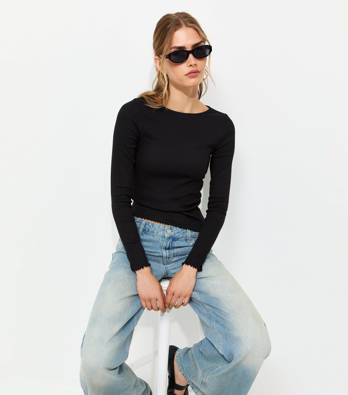 New Look New Look Black Cotton-Rich Rib Jersey Slash Neck Long Sleeve Top