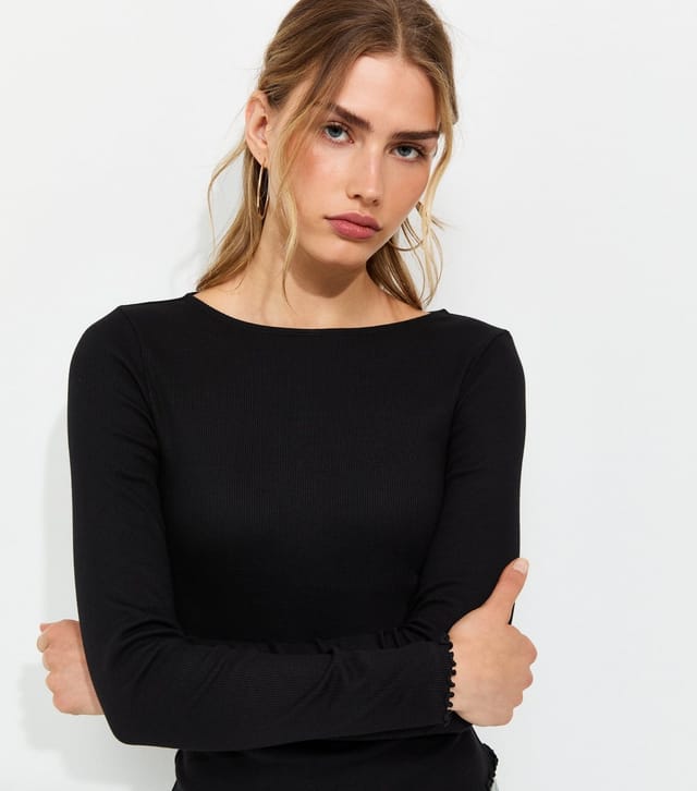 New Look Women's Black Cotton Rich Babylock Slash Neck Long Sleeve Top New Look - 2
