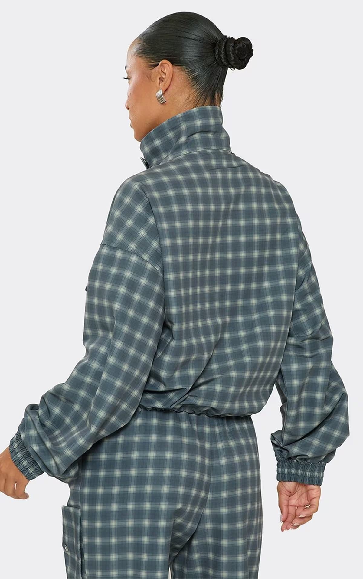 EGO Long Sleeve Funnel Neck Pocket Front Jacket In Blue Check Print, Women's Size UK 6