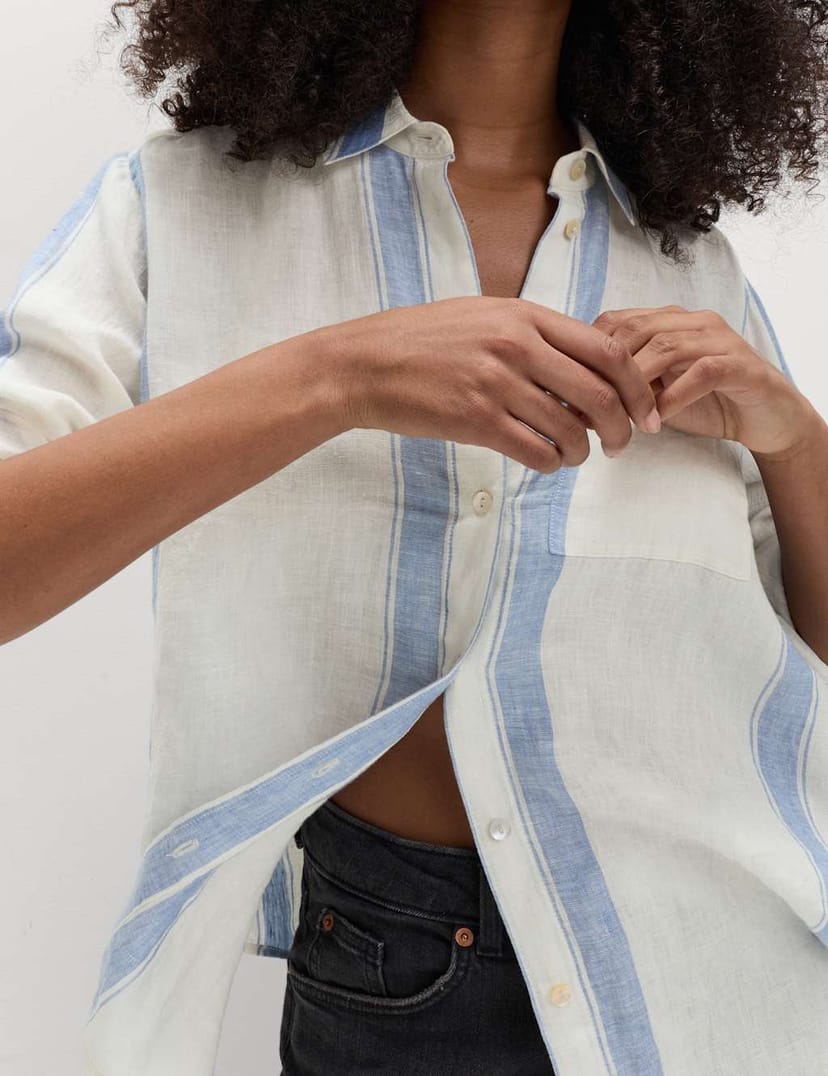 Marks & Spencer M&S Pure Linen Striped Shirt Blue Mix - 1