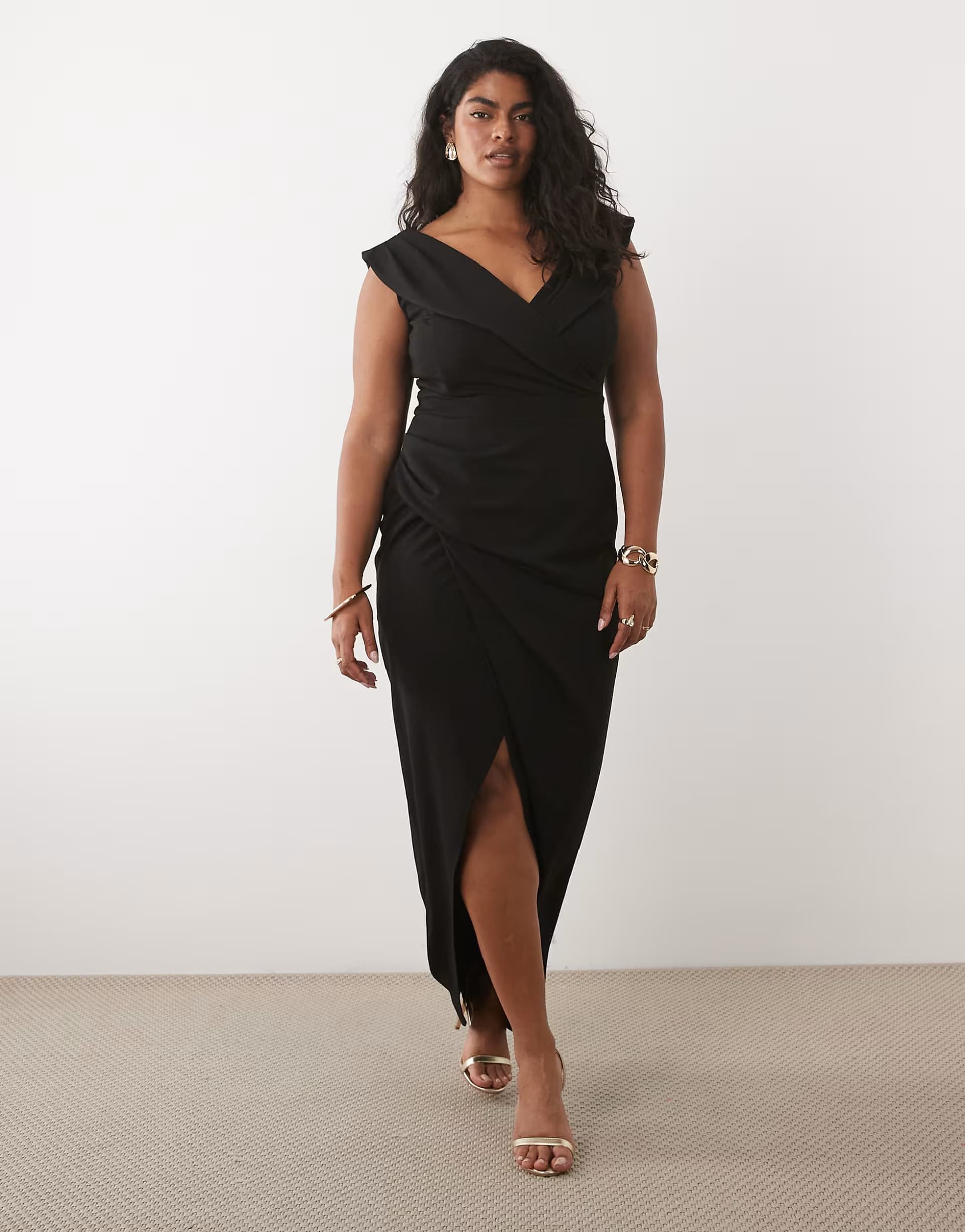 ASOS TFNC Plus wrap detail bardot maxi dress in black