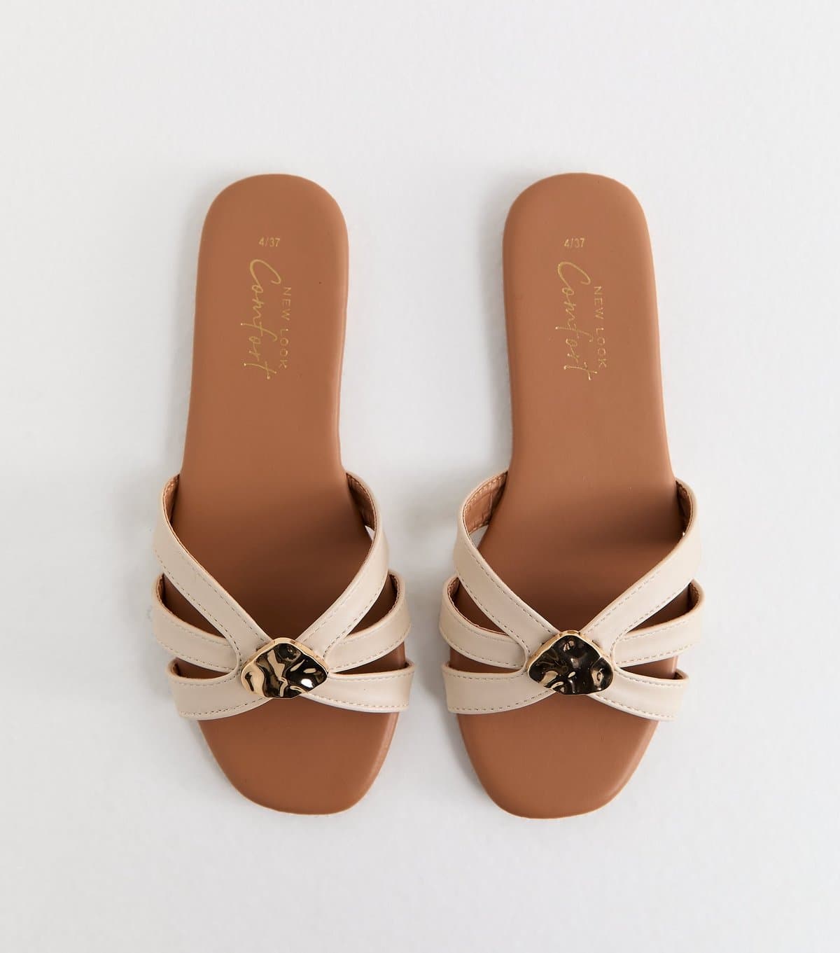 New Look Women's Off White Faux Leather Hammered Hardware Flat Mule Sandals Vegan New Look