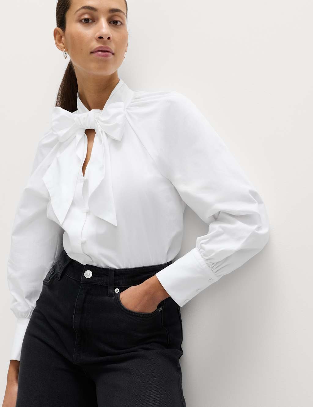 Marks & Spencer M&S Pure Cotton Pussy Bow Tie Neck Shirt Soft White - 2