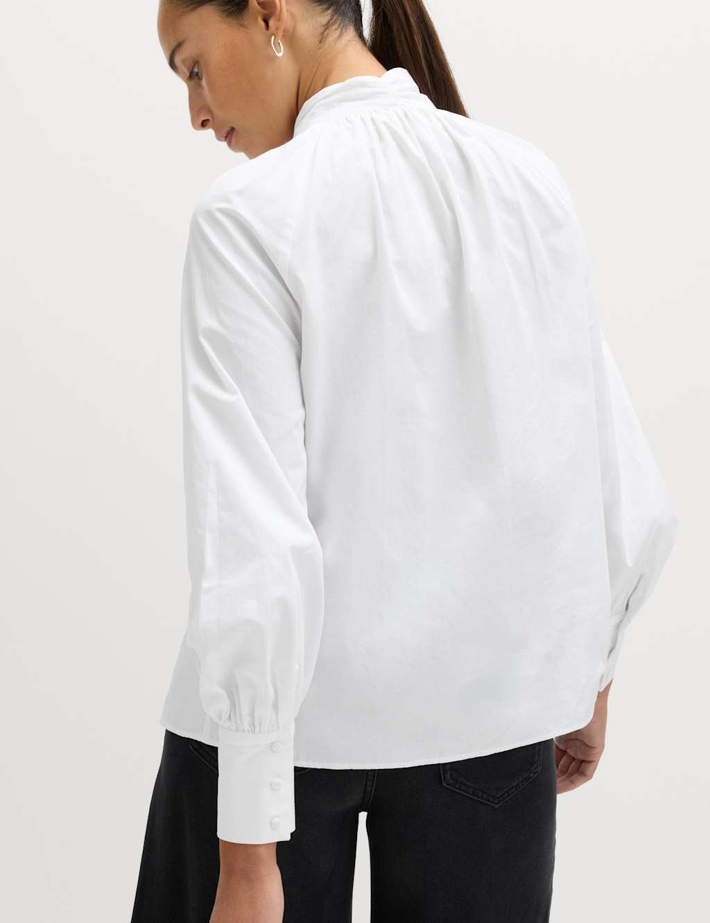 Marks & Spencer M&S Pure Cotton Pussy Bow Tie Neck Shirt Soft White - 3