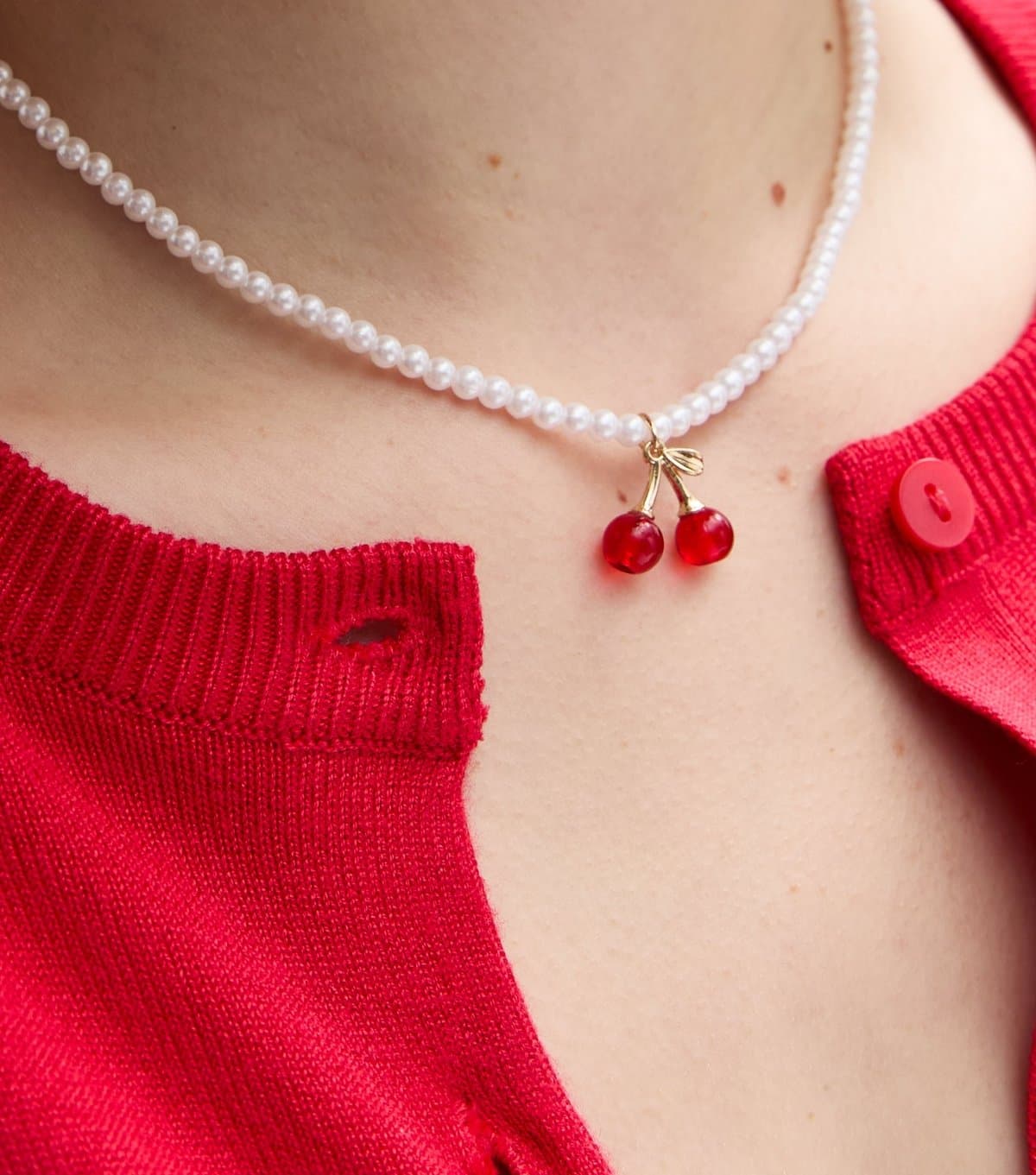 New Look White Faux Pearl Cherry Charm Necklace New Look
