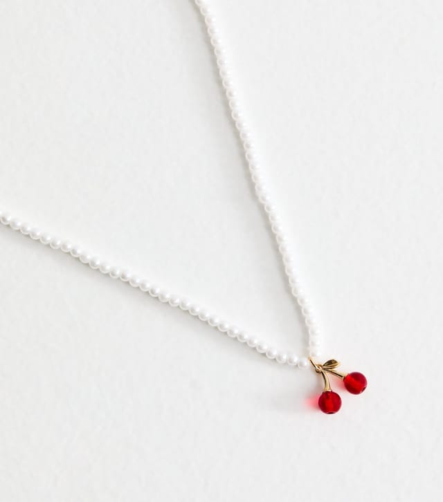 New Look White Faux Pearl Cherry Charm Necklace New Look - 3
