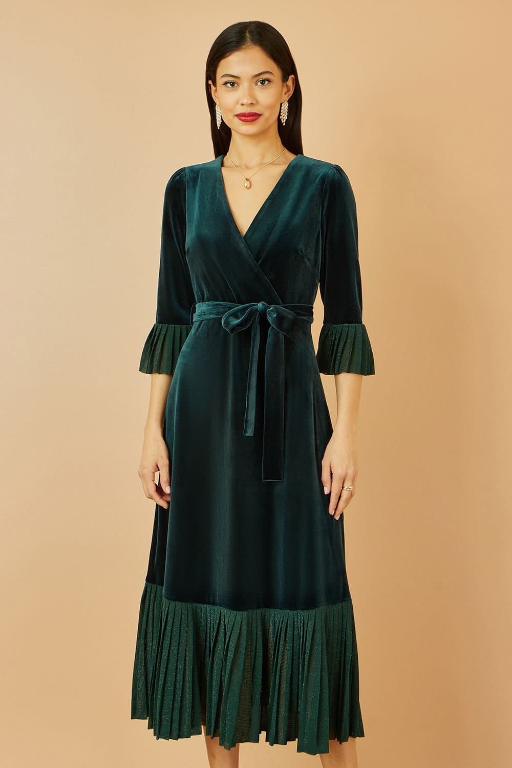 Yumi Yumi Women's Green Velvet Wrap Midi Dress With Contrast Hemline
