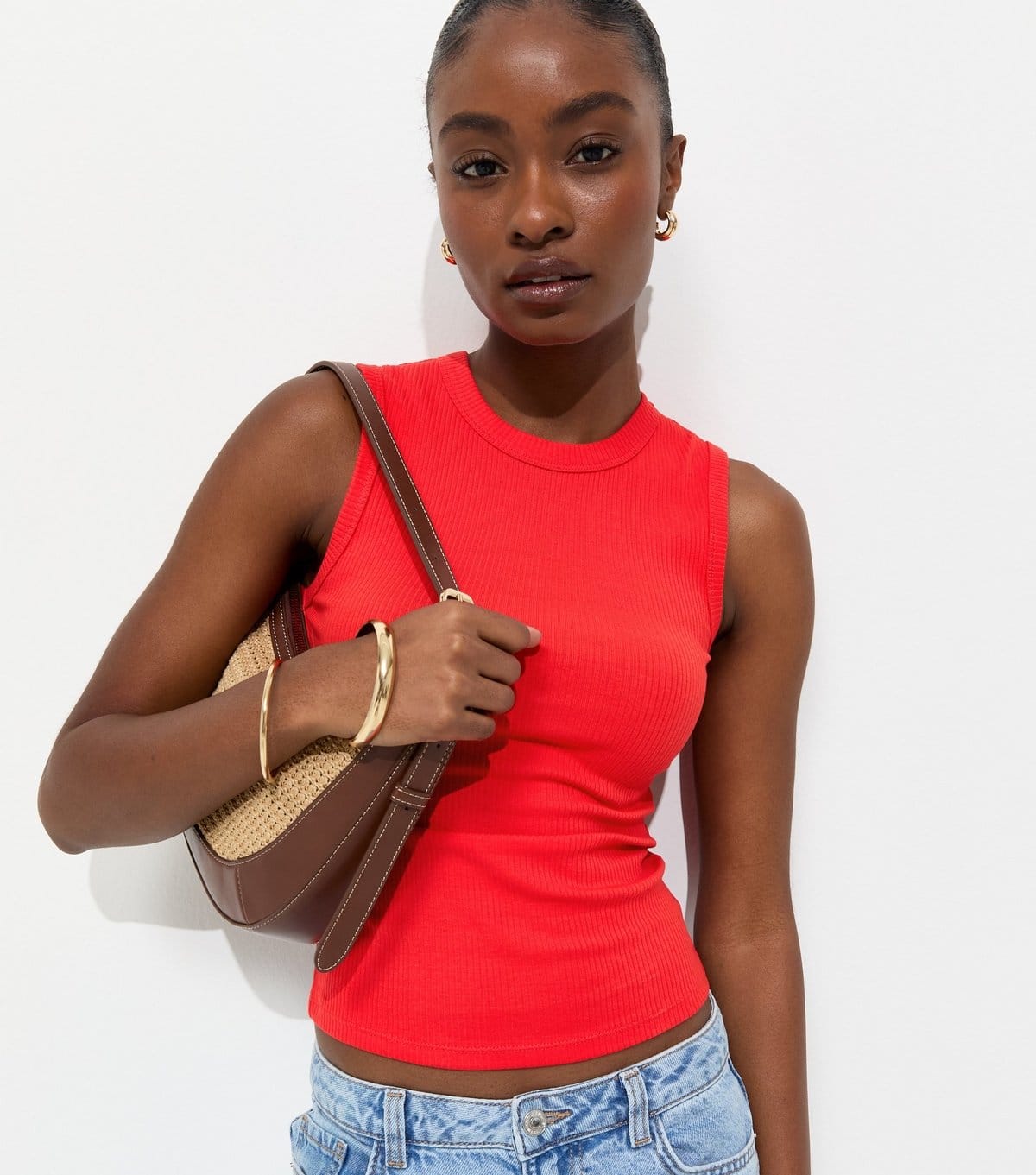 New Look Bright Red Cotton Rich Ribbed Tank Top
