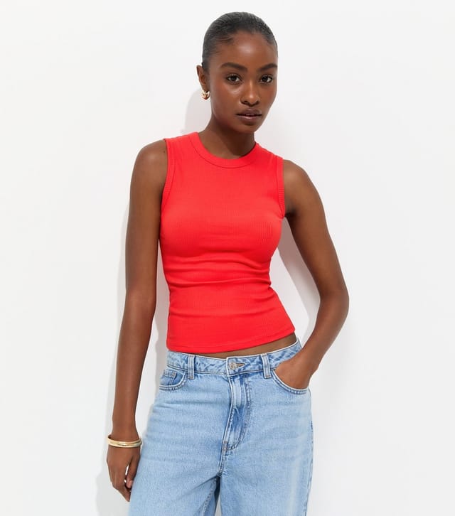 New Look Women's Bright Red Cotton Rich Ribbed Tank Top New Look - 3
