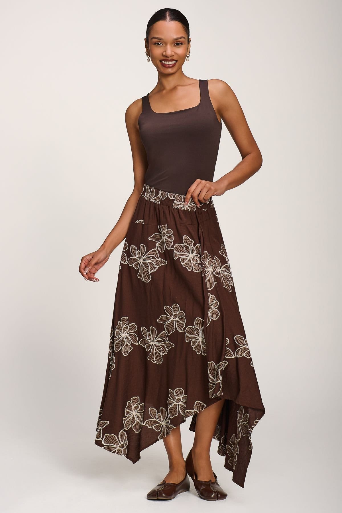 Jolie Moi Dark Brown Asymmetric Embroidered Midi Skirt