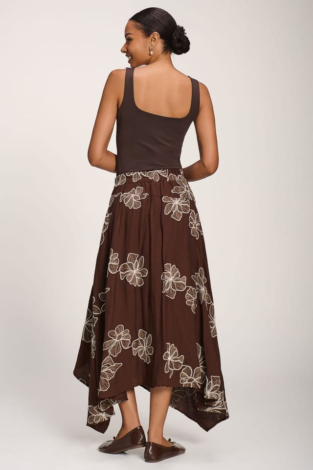 Jolie Moi Jolie Moi Women's Asymmetric Embroidered Midi Skirt in Dark Brown - 2