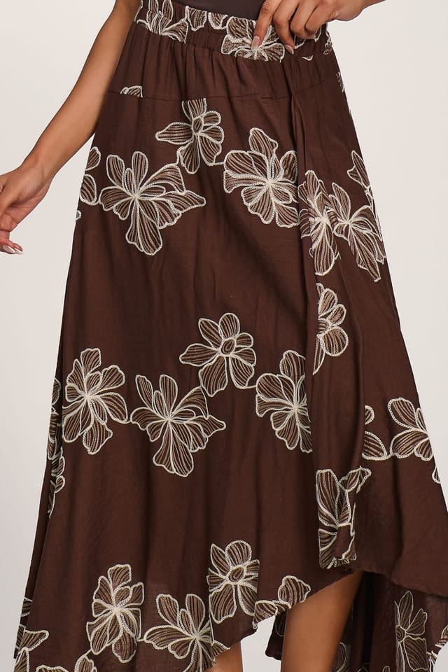 Jolie Moi Jolie Moi Women's Asymmetric Embroidered Midi Skirt in Dark Brown - 3