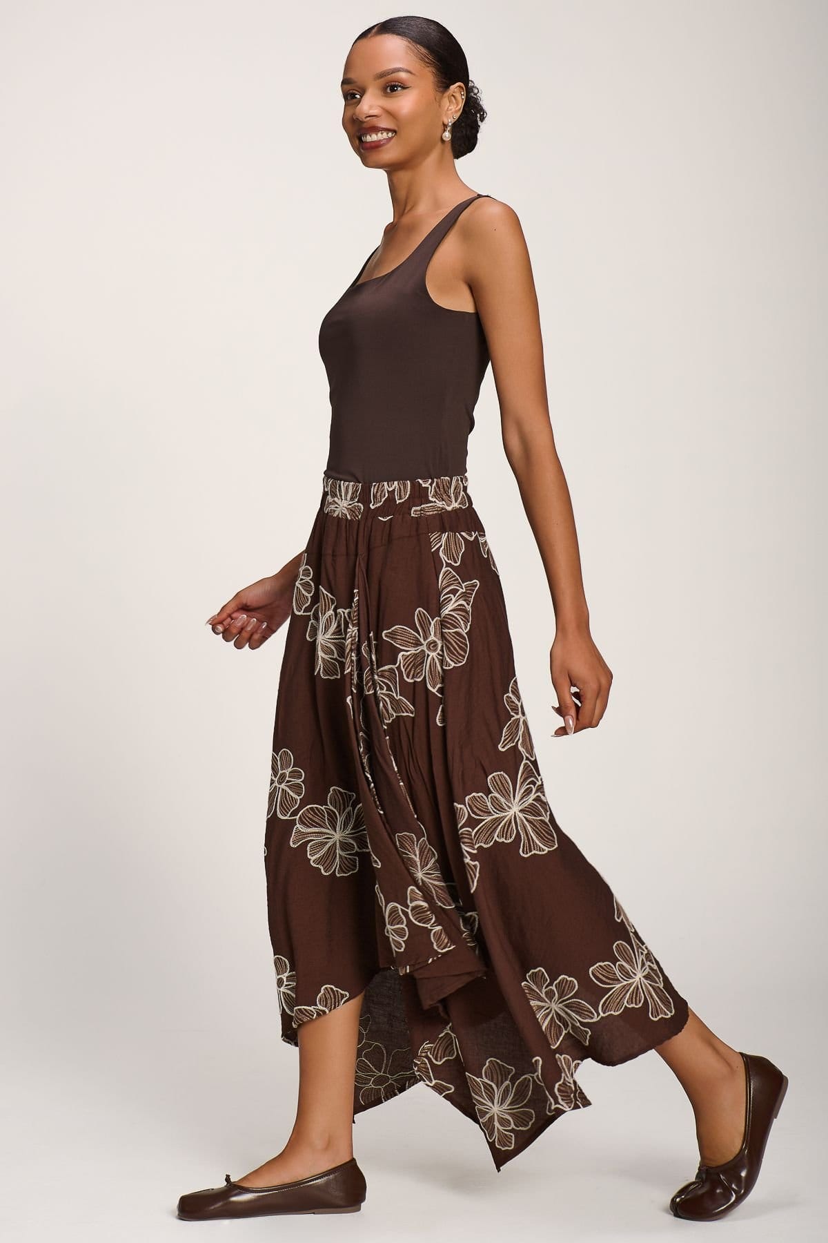 Jolie Moi Jolie Moi Women's Asymmetric Embroidered Midi Skirt in Dark Brown - 4