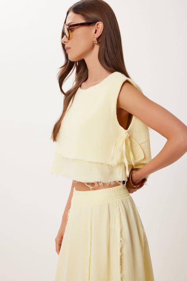 Happiness Istanbul Happiness Istanbul Women's Cotton Sleeveless Blouse & Wide-Leg Skirt Set in Cream - 3