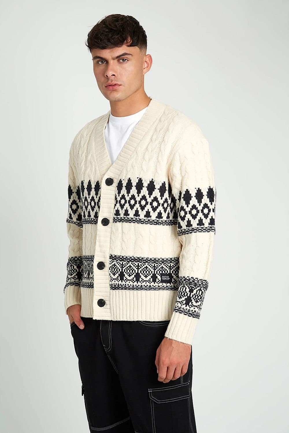 Native Youth Native Youth Men's Cable Knit Fairisle V-Neck Button Long Sleeve Cardigan in Off-White