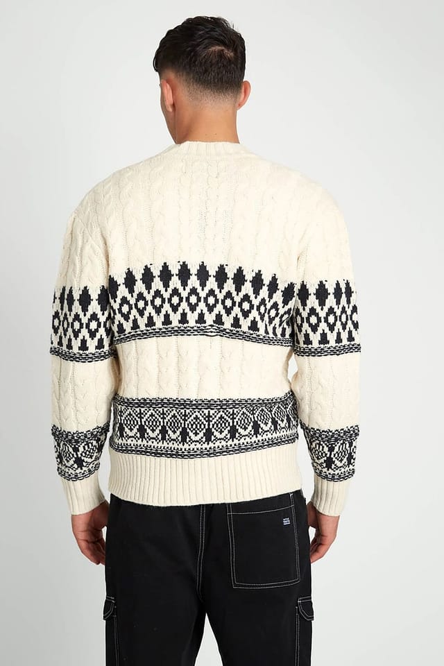 Native Youth Native Youth Men's Cable Knit Fairisle V-Neck Button Long Sleeve Cardigan in Off-White - 2