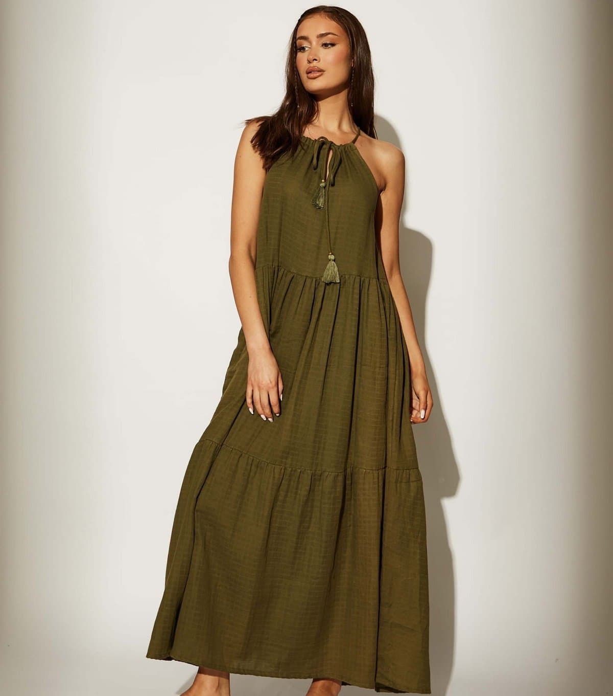 South Beach Women's Khaki Tie Neck Textured Midi Dress South Beach New Look