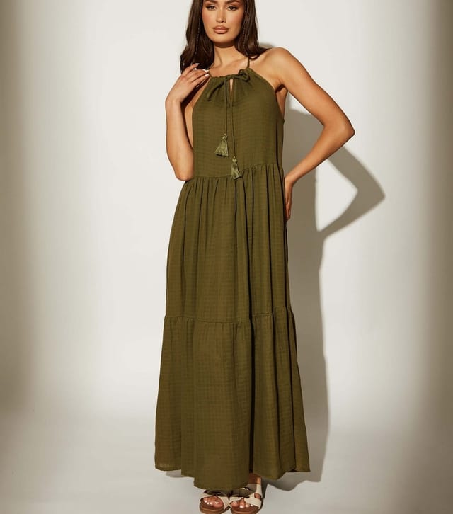 South Beach Women's Khaki Tie Neck Textured Midi Dress South Beach New Look - 3