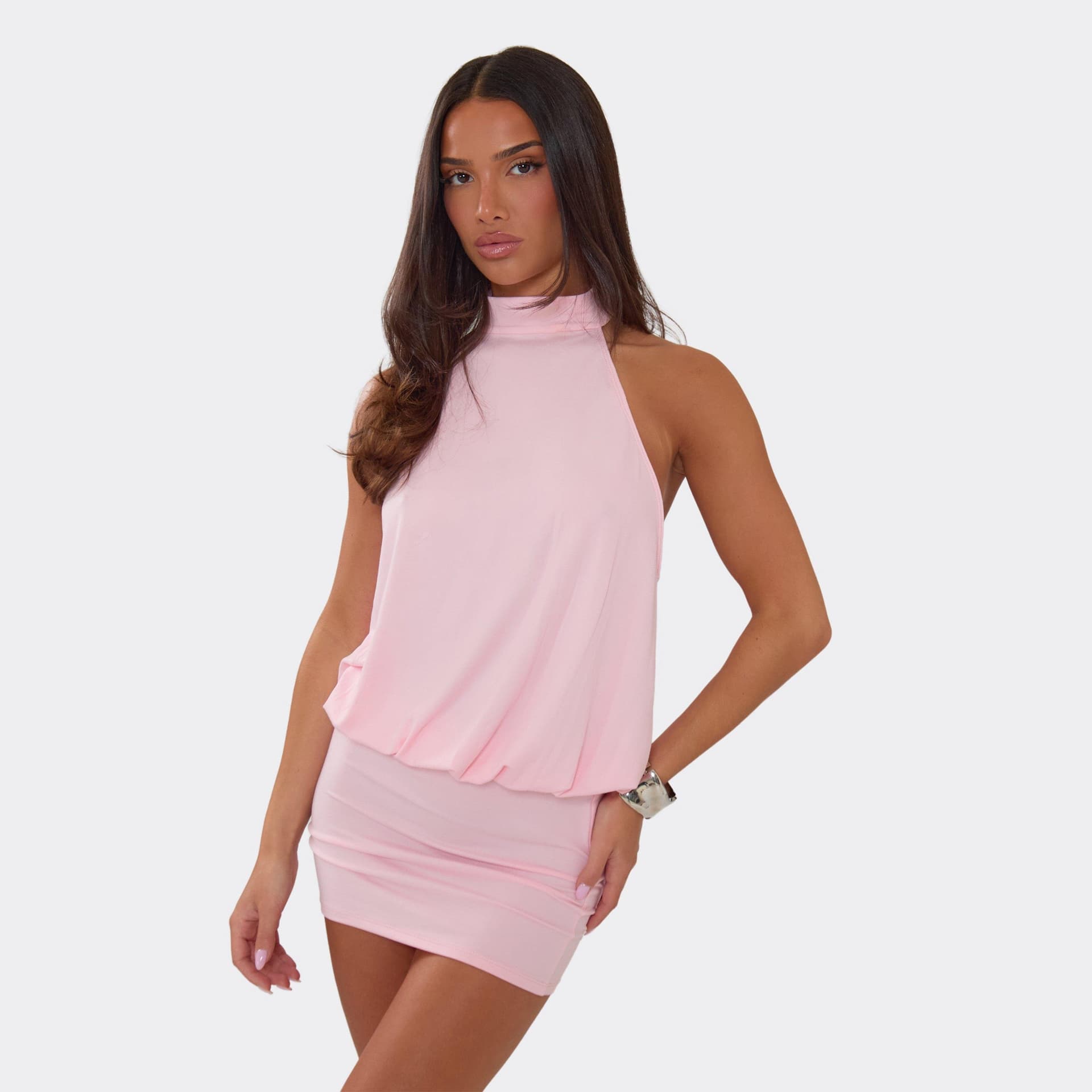 EGO High Neck Racer Back Mini Dress In Pink, Women's Size UK 6