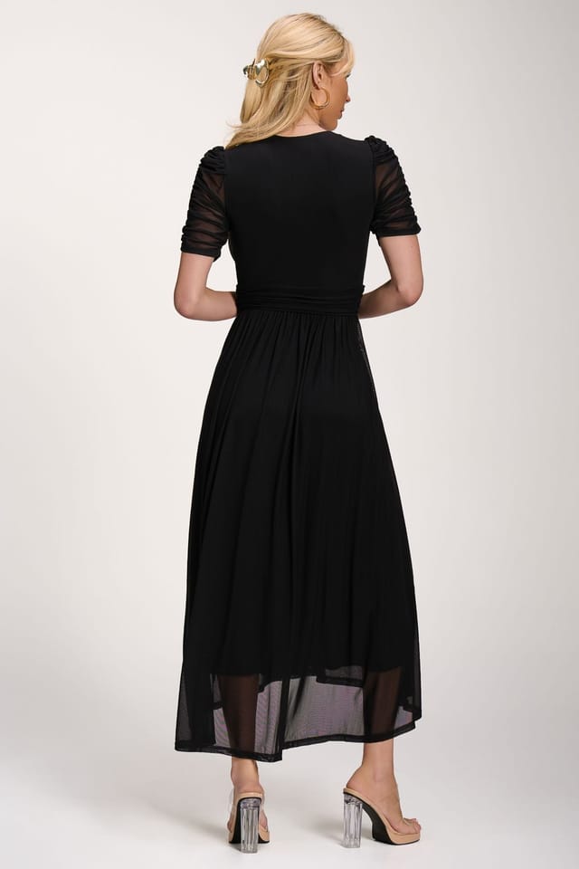 Jolie Moi Jolie Moi Women's Petite Mesh Ruched Sleeve Maxi Dress in Black - 2