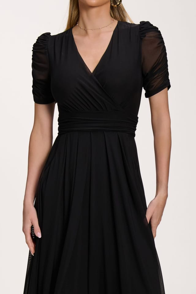 Jolie Moi Jolie Moi Women's Petite Mesh Ruched Sleeve Maxi Dress in Black - 3
