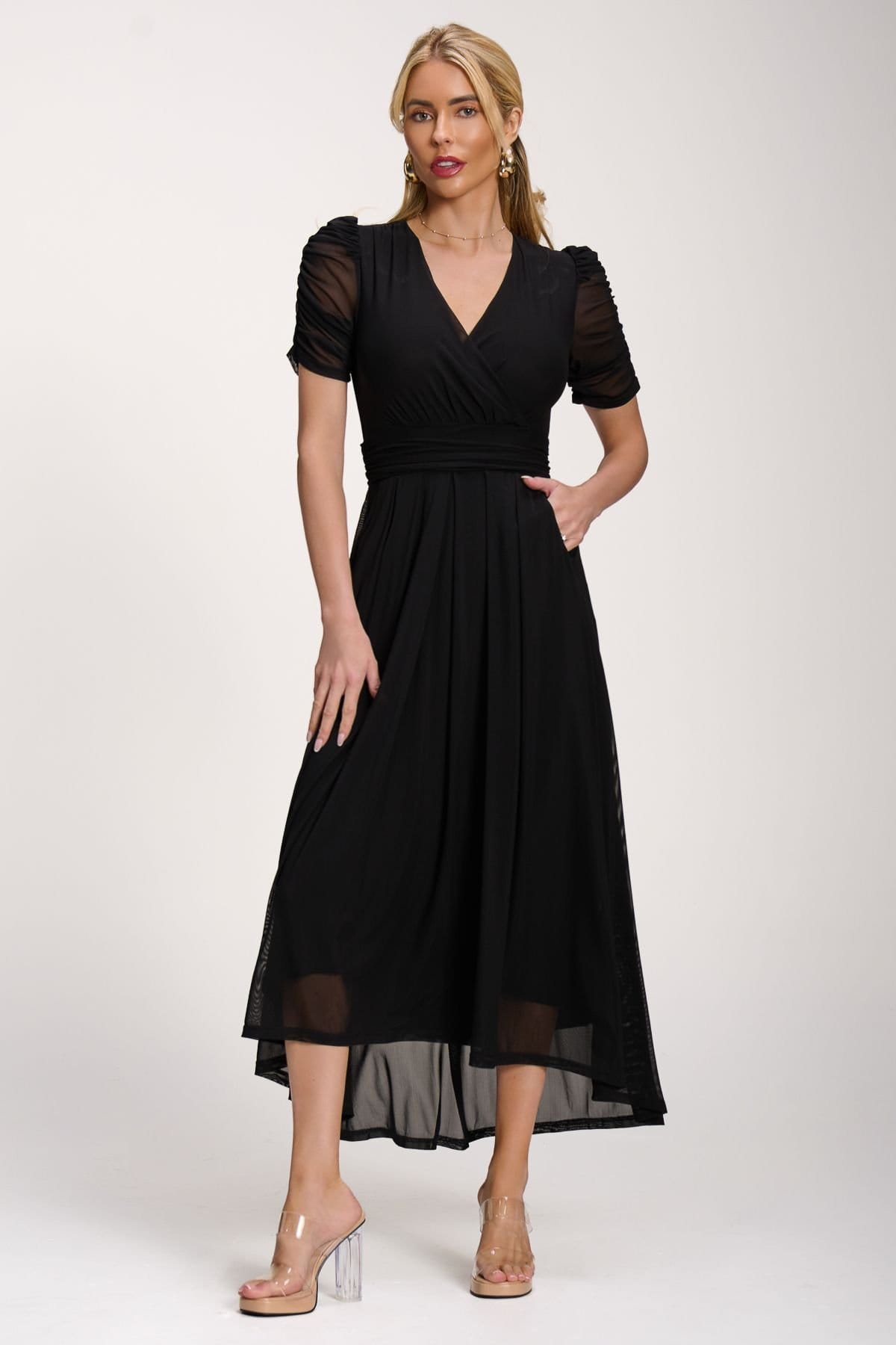 Jolie Moi Jolie Moi Women's Petite Mesh Ruched Sleeve Maxi Dress in Black - 4