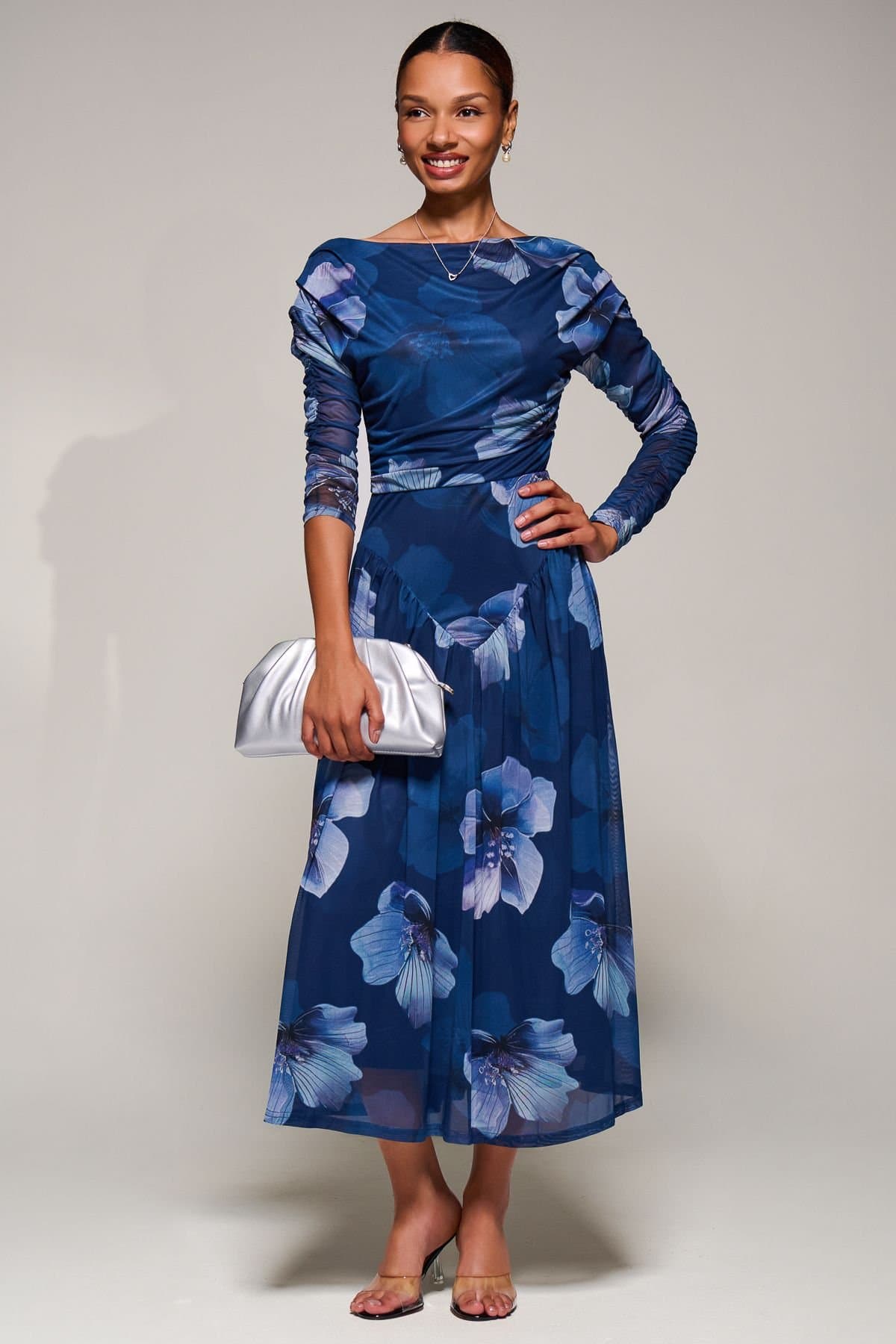 Jolie Moi Jolie Moi Women's Long Sleeve Asymmetric Mesh Midi Dress in Blue